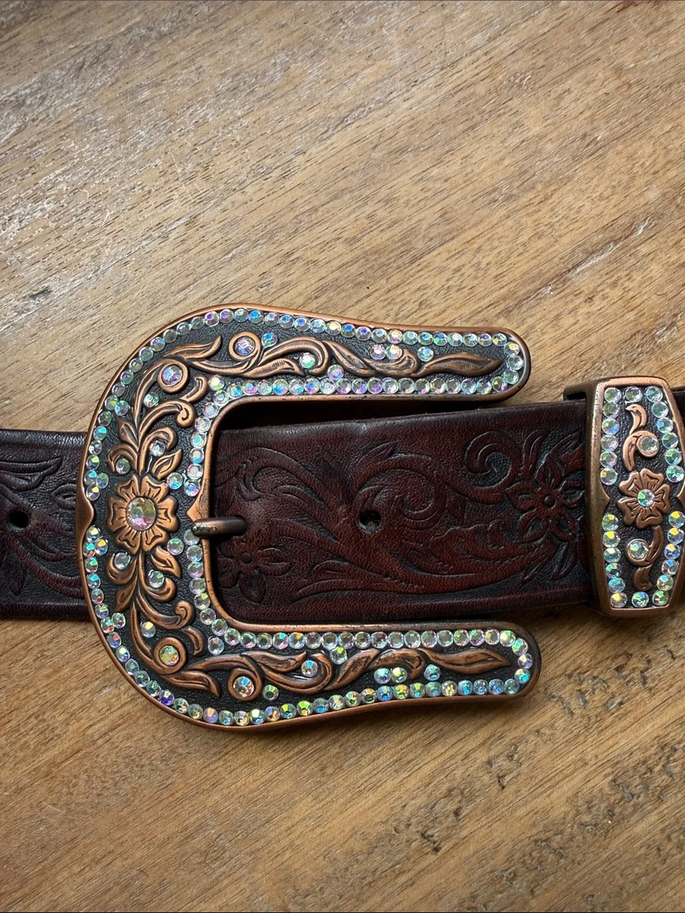 Western Embossed Brown Leather Belt with Decorative Crystal Buckle